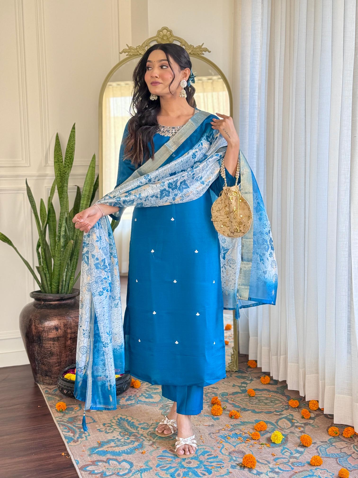 The52 Women's Beautiful Roman Silk Embroidered Straight Kurta with Pant And Dupatta Set - Distacart