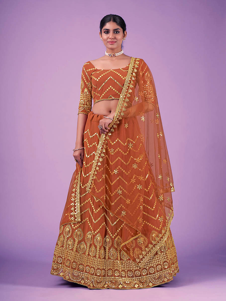 Myra Orange Georgette Embroidered Designer Lehenga