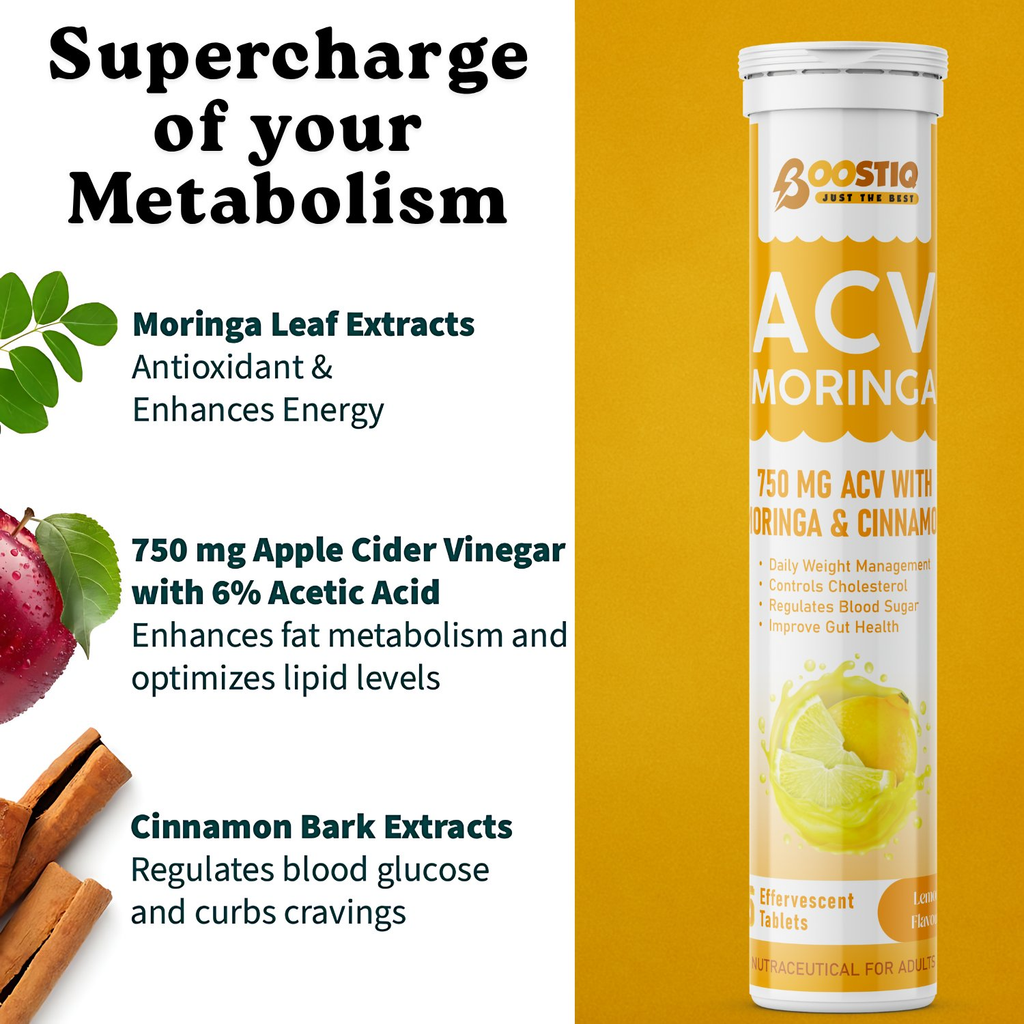 BOOSTIQ ACV Moringa & Cinnamon Effervescent Tablets - Lemon Flavour