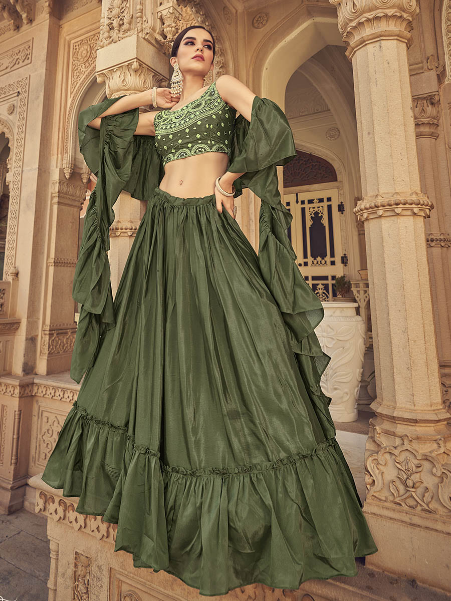 Myra Olive Chinon & Art SIlk Embroidered Designer Lehenga Choli