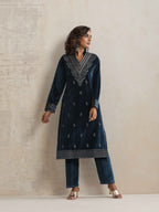 trueBrowns Blue Velvet Embroidered Kurta Pant Dupatta Set - Distacart