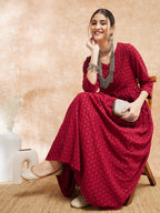 InWeave Women's Maroon Chikankari Long Anarkali Kurta Sharara Set