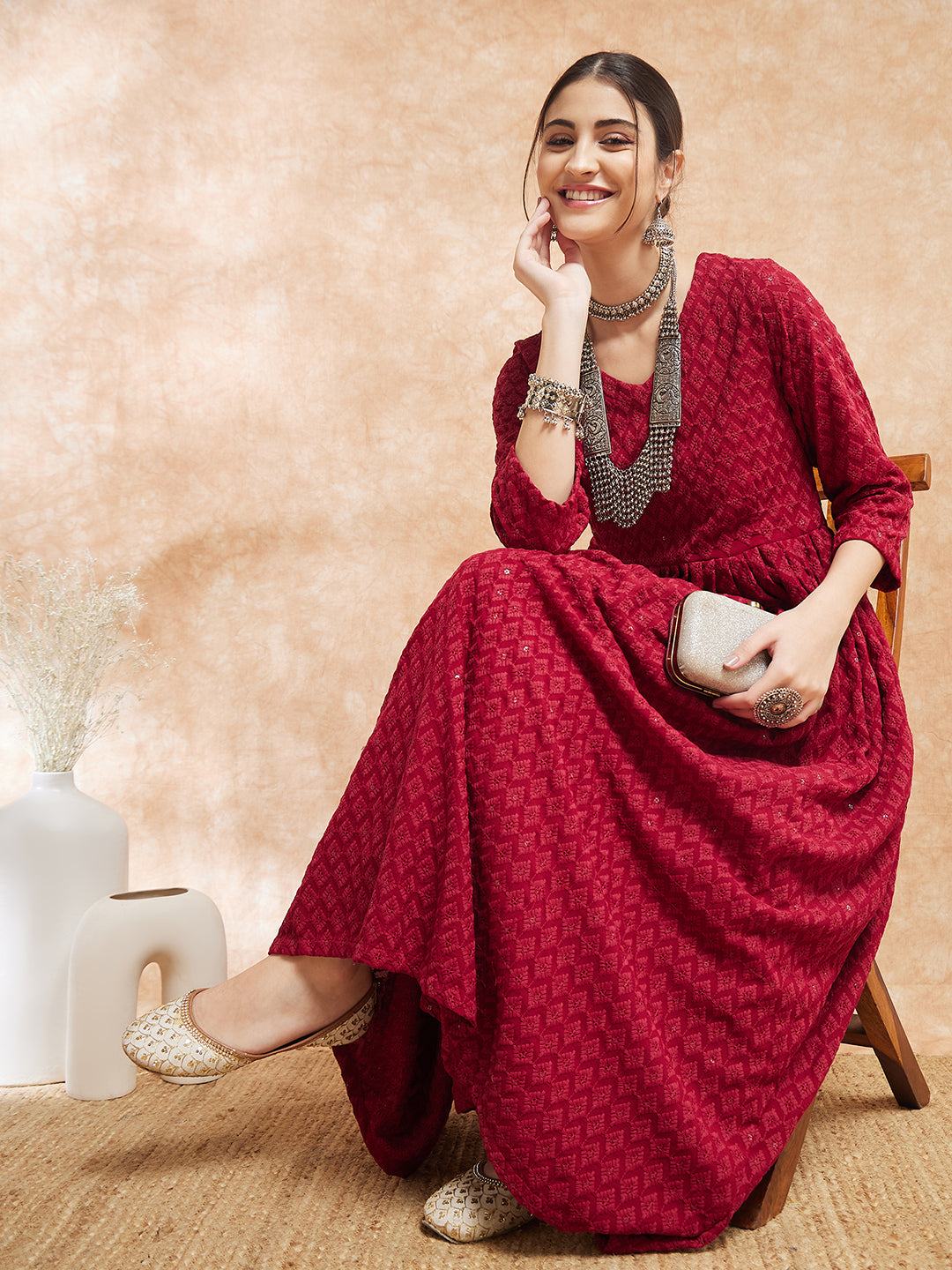 InWeave Women's Maroon Chikankari Long Anarkali Kurta Sharara Set
