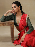 trueBrowns Red Bandhani Printed Silk Skirt Stitched Saree with Belt