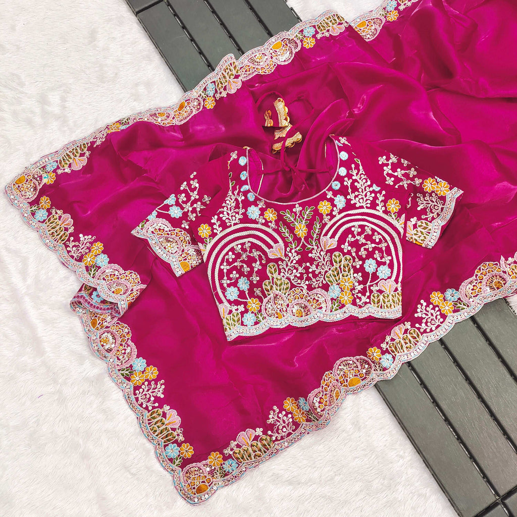 Lorenvalley Fashion Magenta Jimmy Choo with Embroidery Threads Codding & Sequins Work Saree with Blouse - Distacart