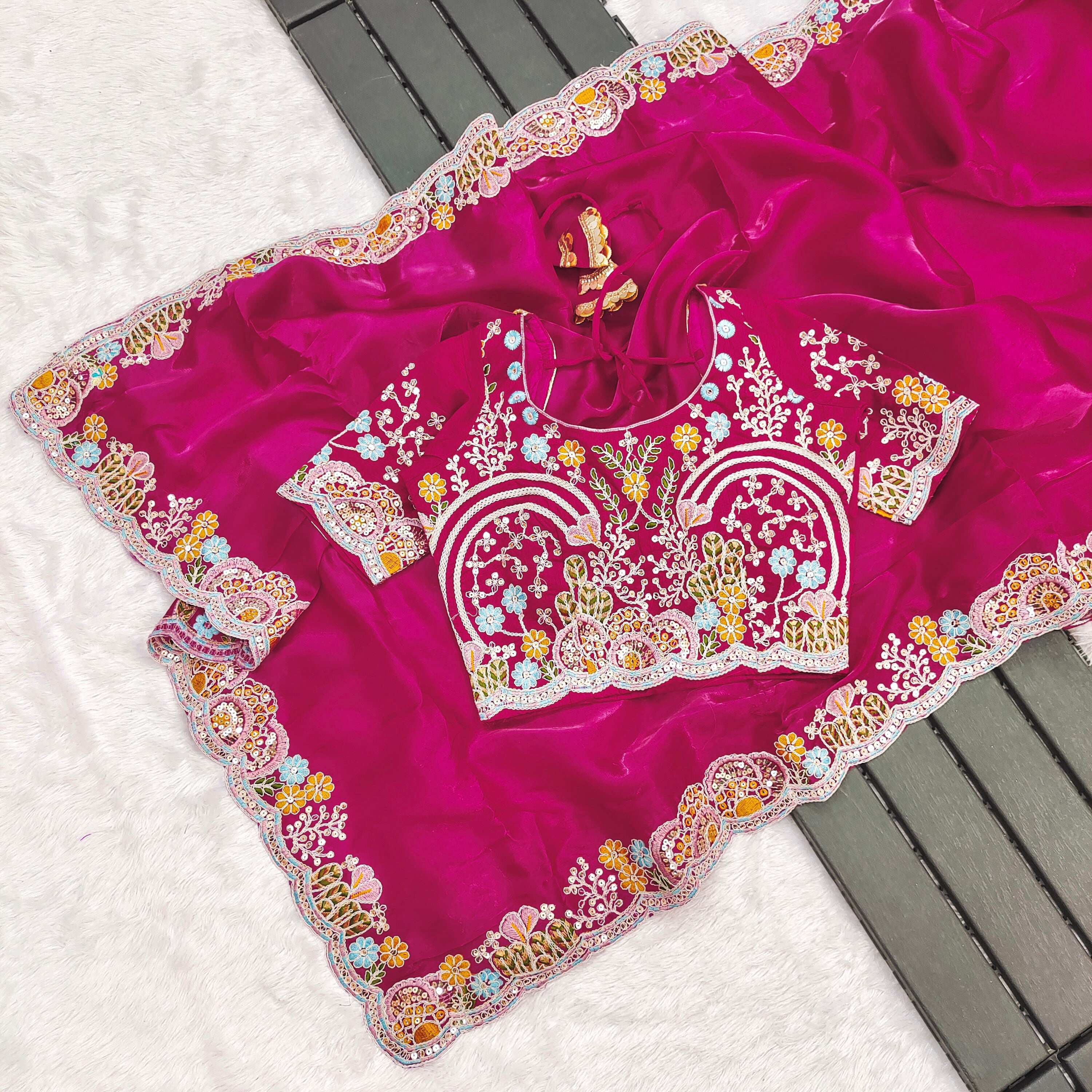 Lorenvalley Fashion Magenta Jimmy Choo with Embroidery Threads Codding & Sequins Work Saree with Blouse - Distacart