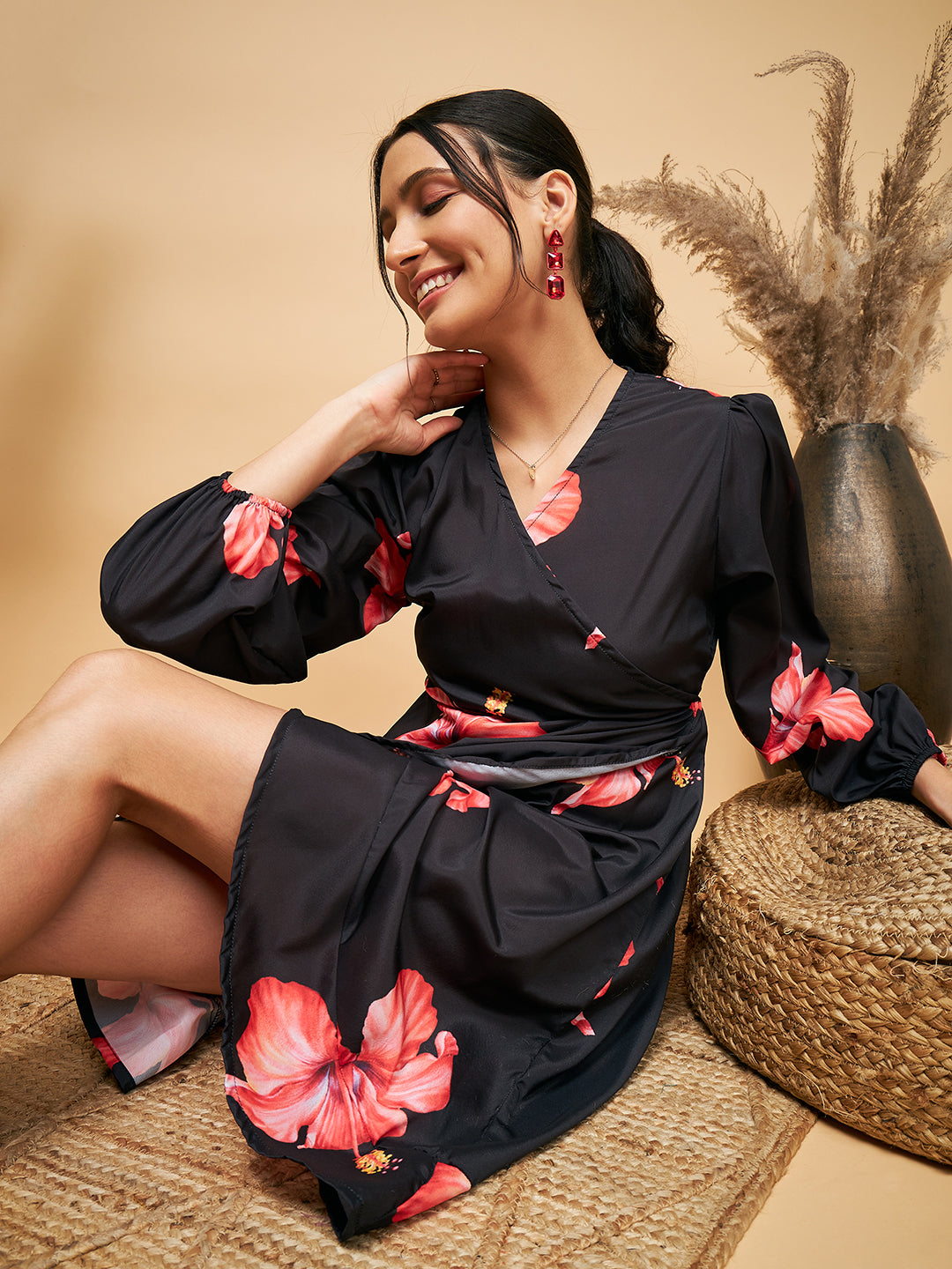 InWeave Women's Black Red Big Flower Belted Dress - Distacart