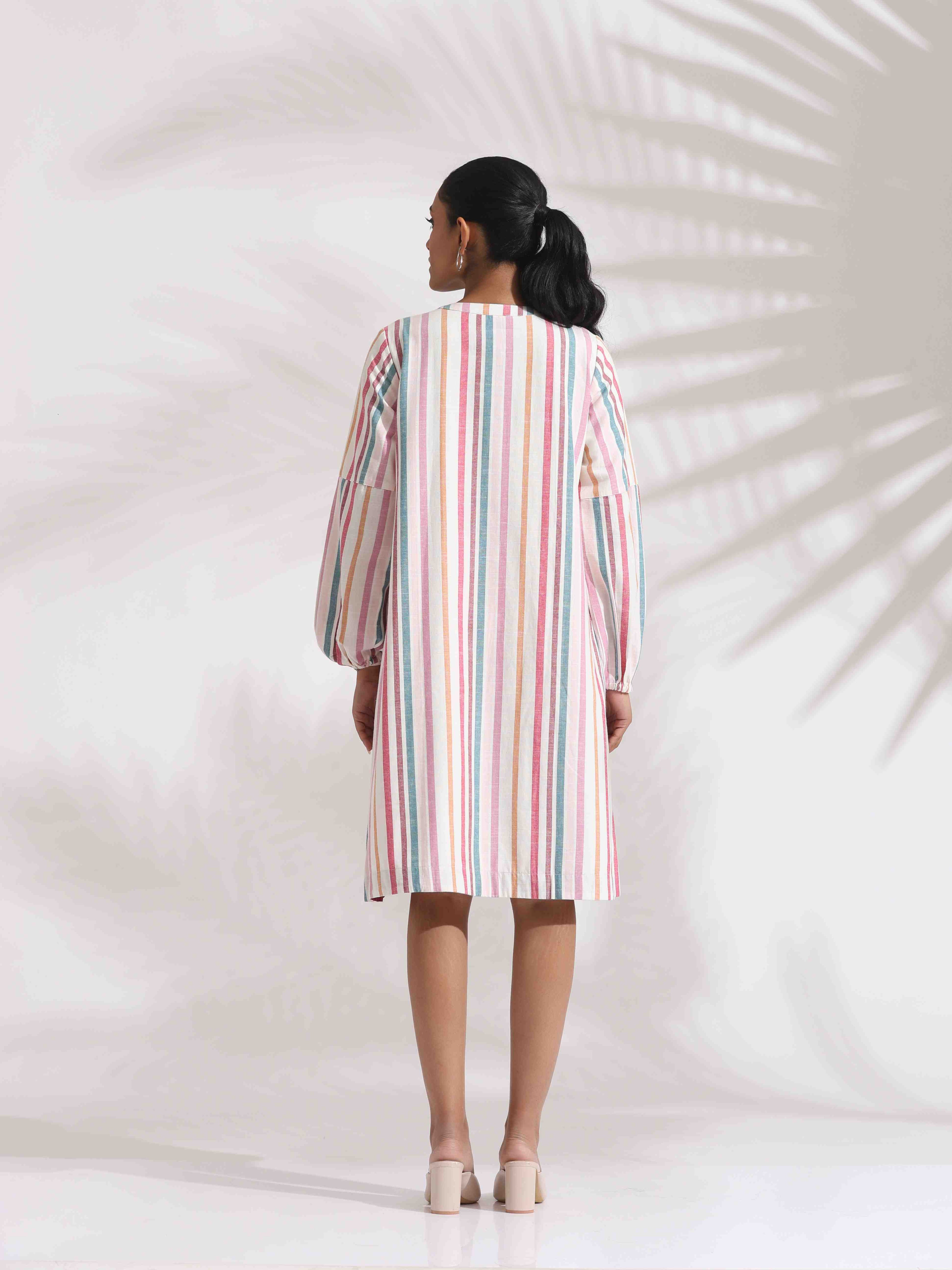 trueBrowns Off-White Cotton Multi Stripe Short Dress - Distacart