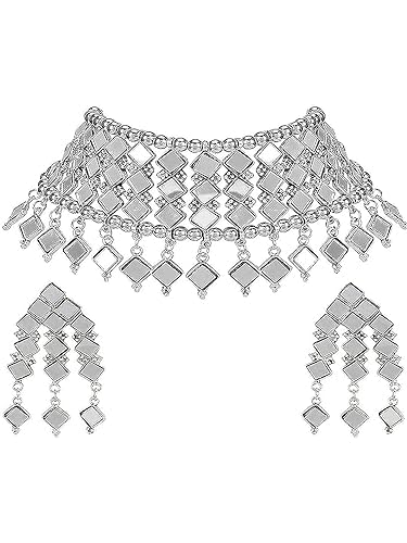 Tehzeeb Creations Women's Silver Colour Oxidised Necklace And Earring With Mirror Work