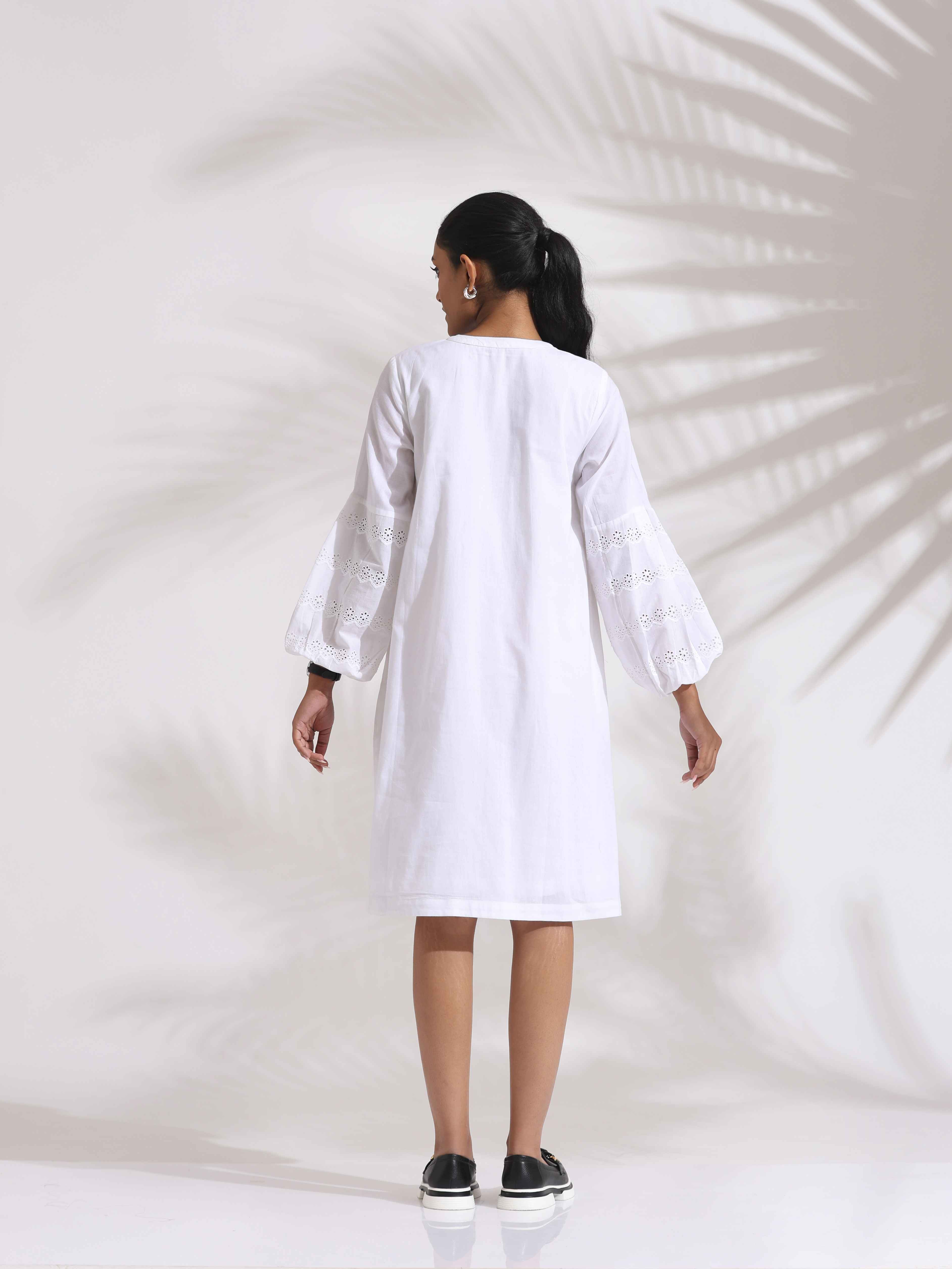 trueBrowns White Cotton Schiffli Short Dress - Distacart