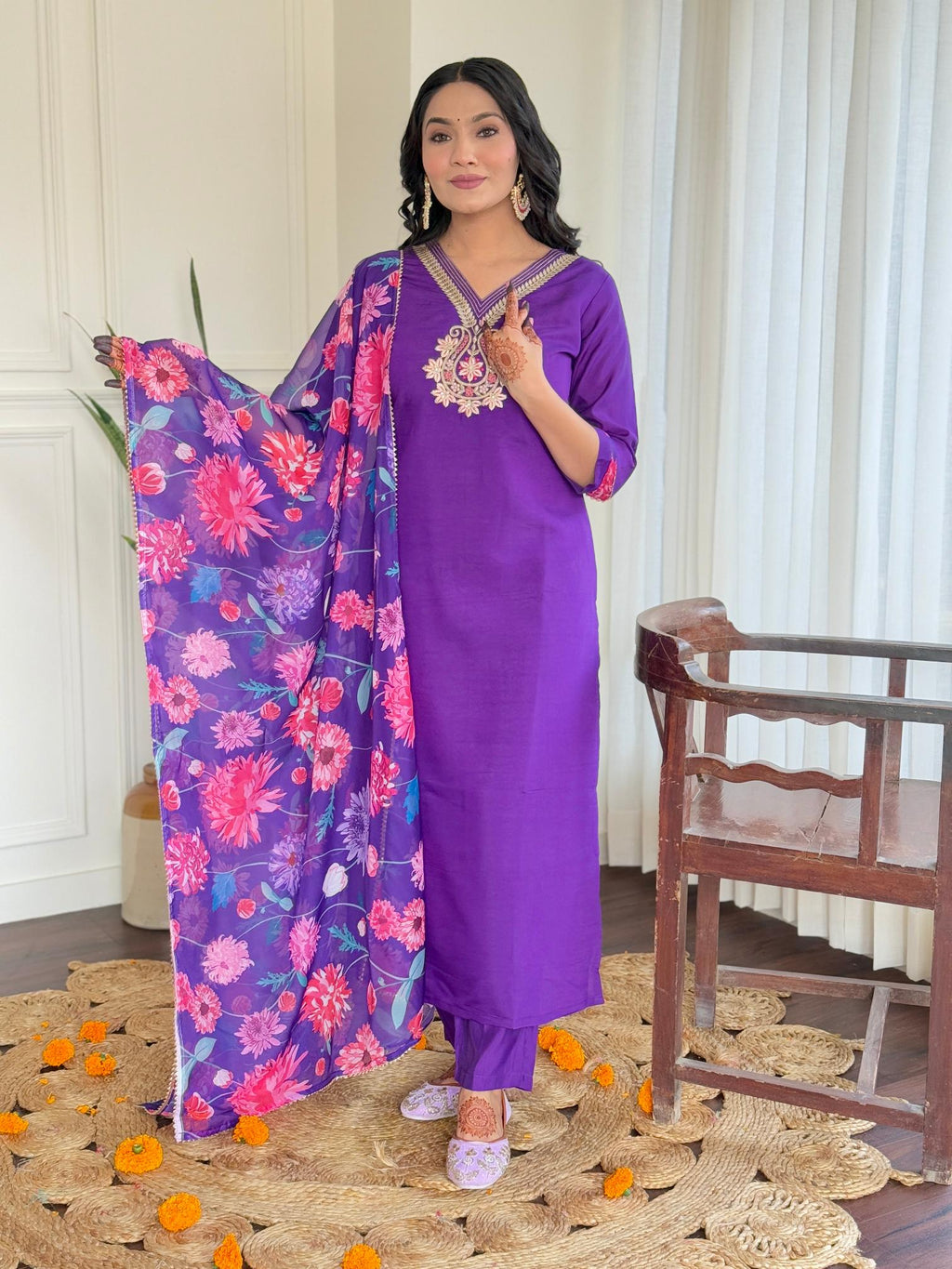 The52 Women's Beautiful Roman Silk Embroidered Straight Kurta with Pant And Dupatta Set - Distacart