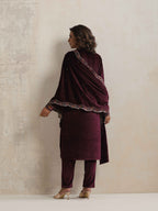 trueBrowns Purple Velvet Geometric Embroidered Kurta Pant Dupatta Set - Distacart
