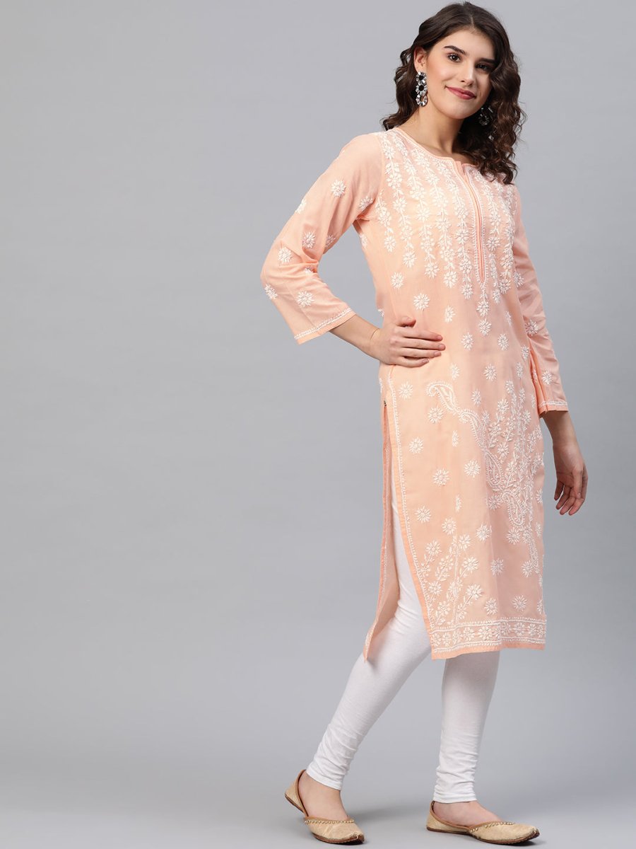ADA Women Peach-Coloured & White Chikankari Embroidered Cotton Straight Sustainable Kurta