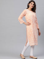 ADA Women Peach-Coloured & White Chikankari Embroidered Cotton Straight Sustainable Kurta