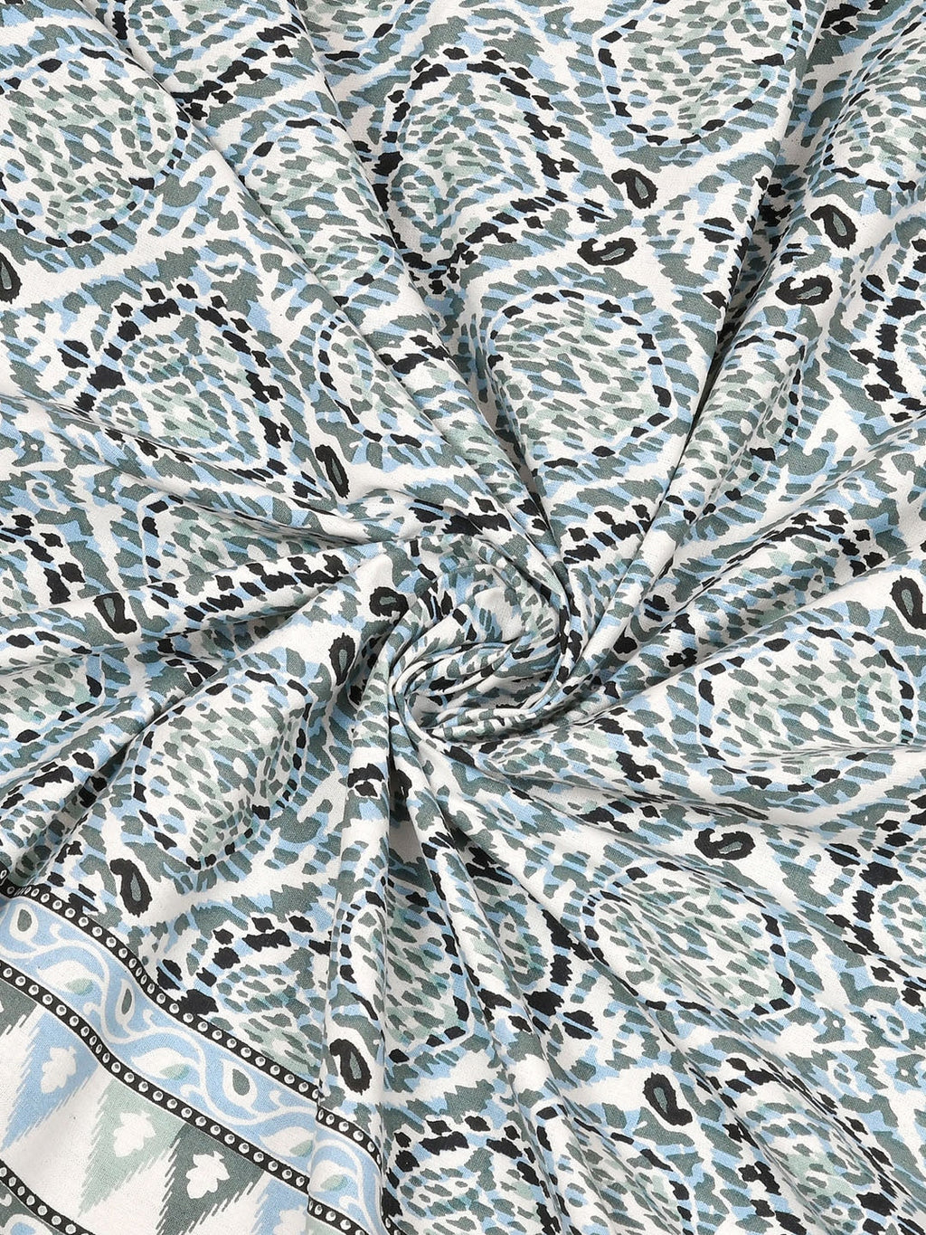BELLA CASA Ethnic Grey & White Ethnic Pure Cotton 180 TC King Bedsheet & 2 Pillow Covers