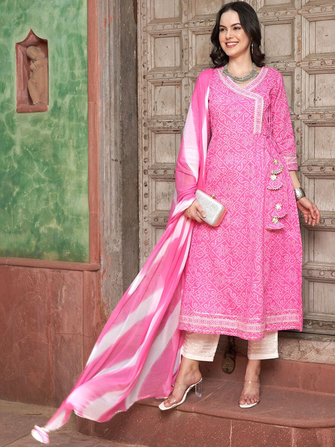 Sangria Pink Bandhani Printed Angrakha Mirror Work Pure Cotton Kurta Set
