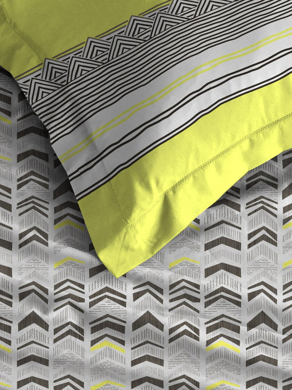MYTRIDENT Grey Green Geometric Cotton 144 TC Queen Bedsheet With 2 Pillow Covers