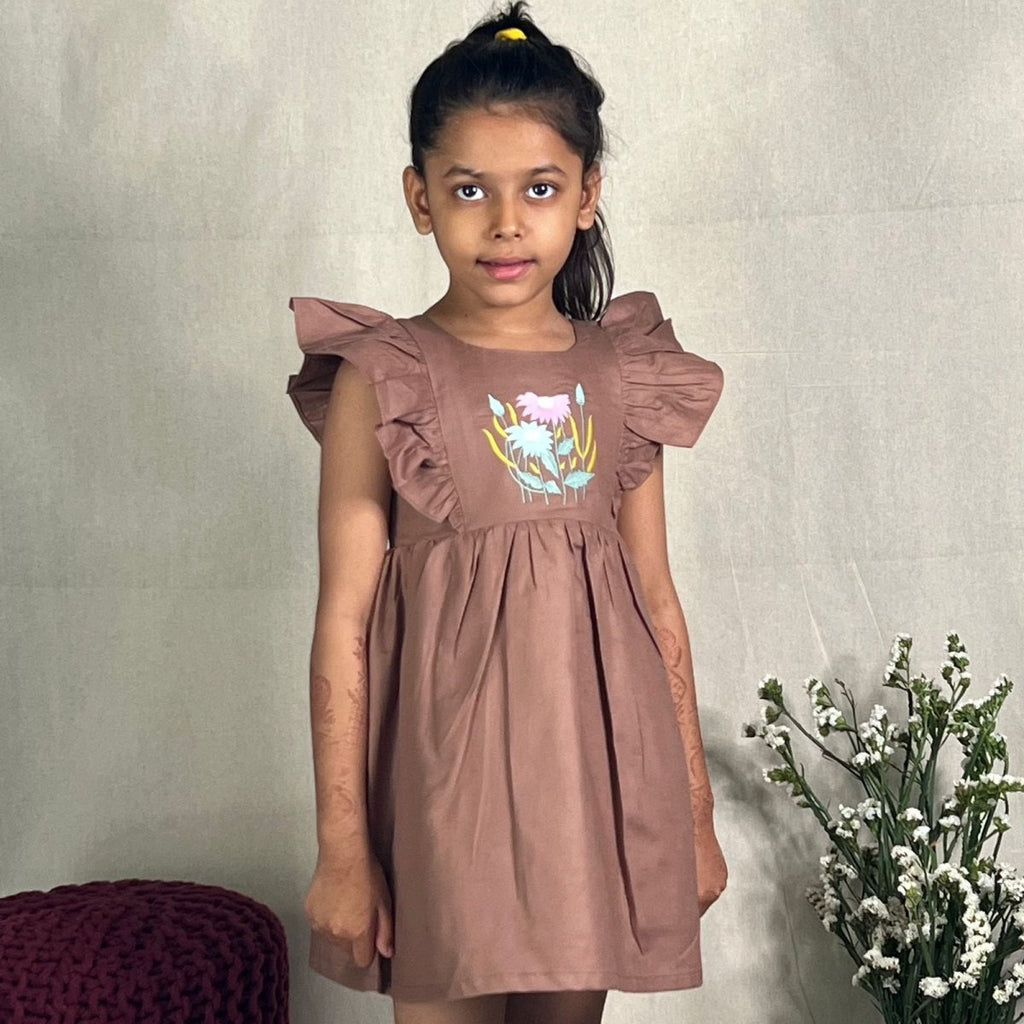 ArthLife Brown Flower Embroidered Frill Dress