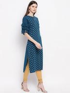 Janasya Teal Blue Geometric Printed Keyhole Neck Flared Sleeves Crepe Kurta - Distacart