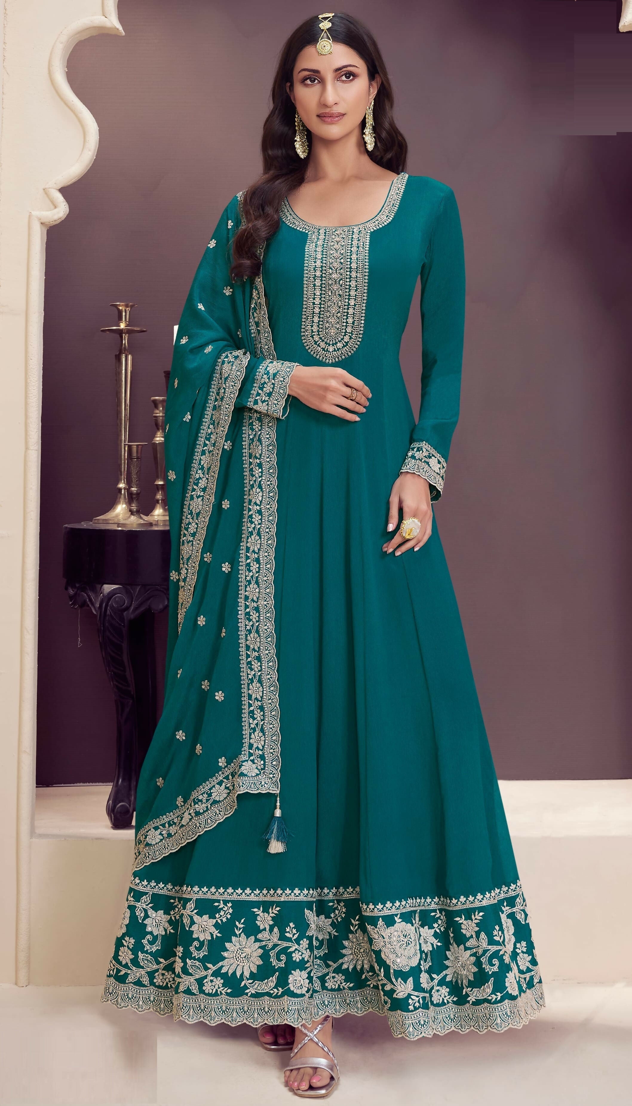 Anaita Dark Green Embroidered Silk Stitched Anarkali suit - Distacart