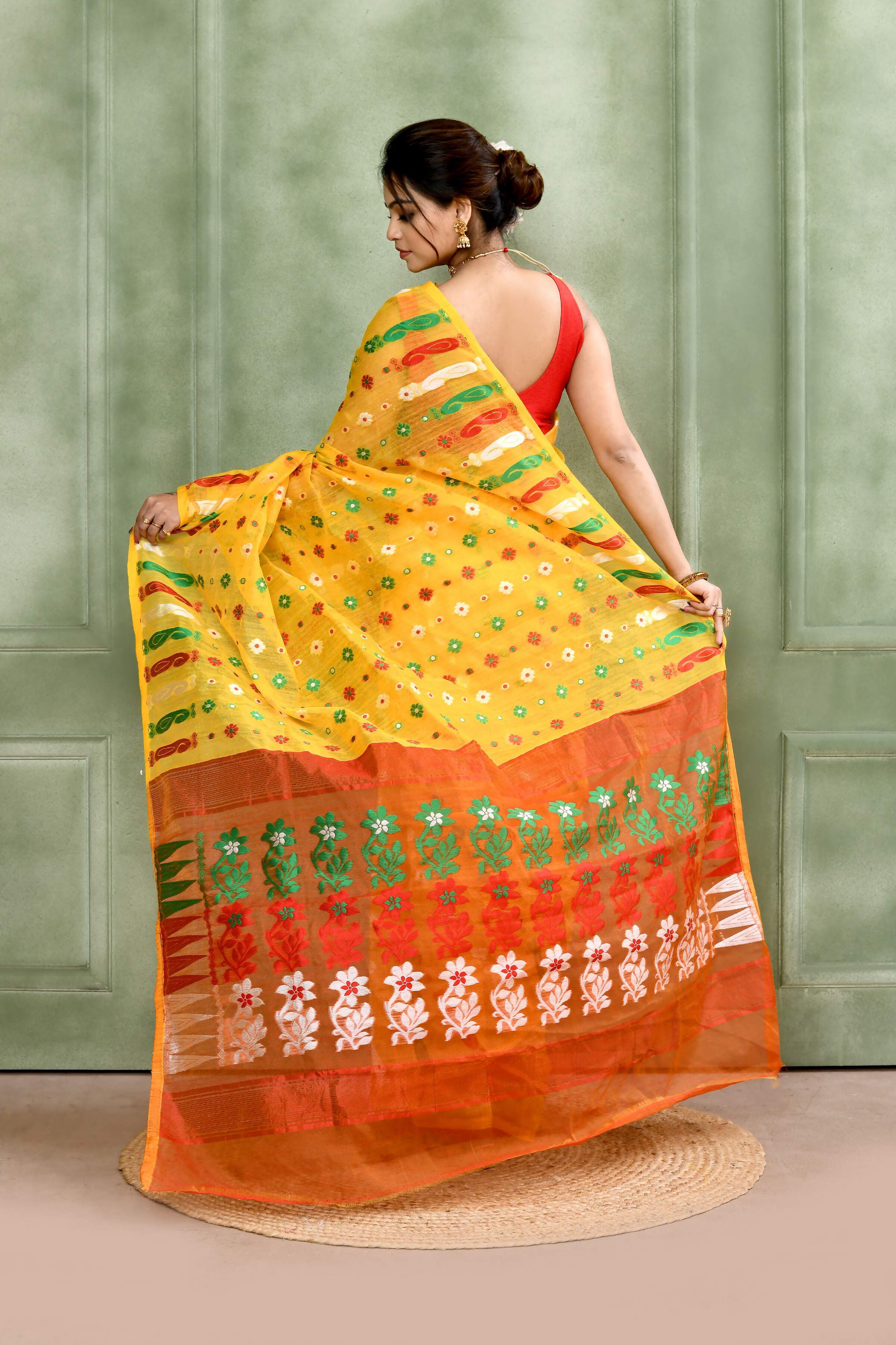 Piyari Fashion Women's Yellow Embellished Cotton Blend Jamdani Saree - Distacart