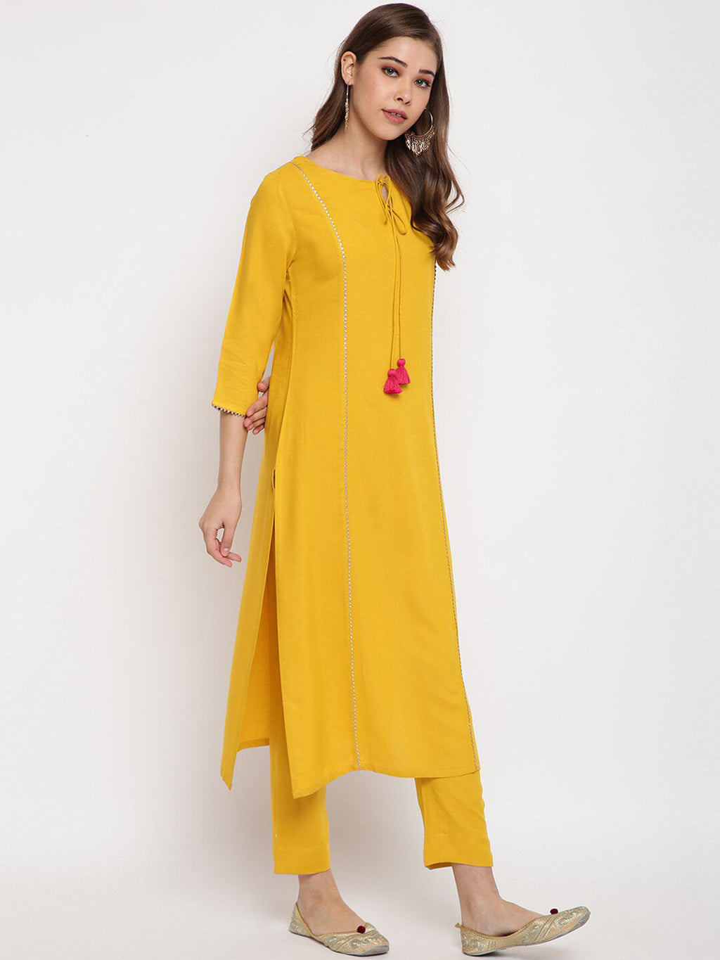 Janasya Mustard Yellow Solid Kurta with Trousers & Dupatta - Distacart