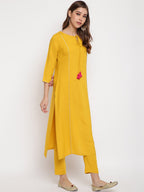 Janasya Mustard Yellow Solid Kurta with Trousers & Dupatta - Distacart