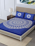 HOMETALES Blue & White Ethnic Motifs Cotton 104 TC King Bedsheet with 2 Pillow Covers