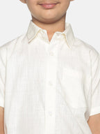 Sethukrishna Boys Cream-Coloured & White Solid Shirt and Veshti Set