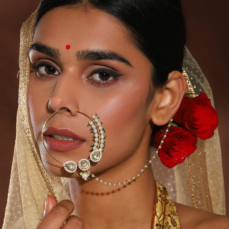 Gold-Polished White Kundan Studded Pearl Beaded Nose Pin - Ruby Raang