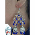 Silver Oxidized Fashion Traditional Double Jhumka Long Thick Blue Pearls Earrings