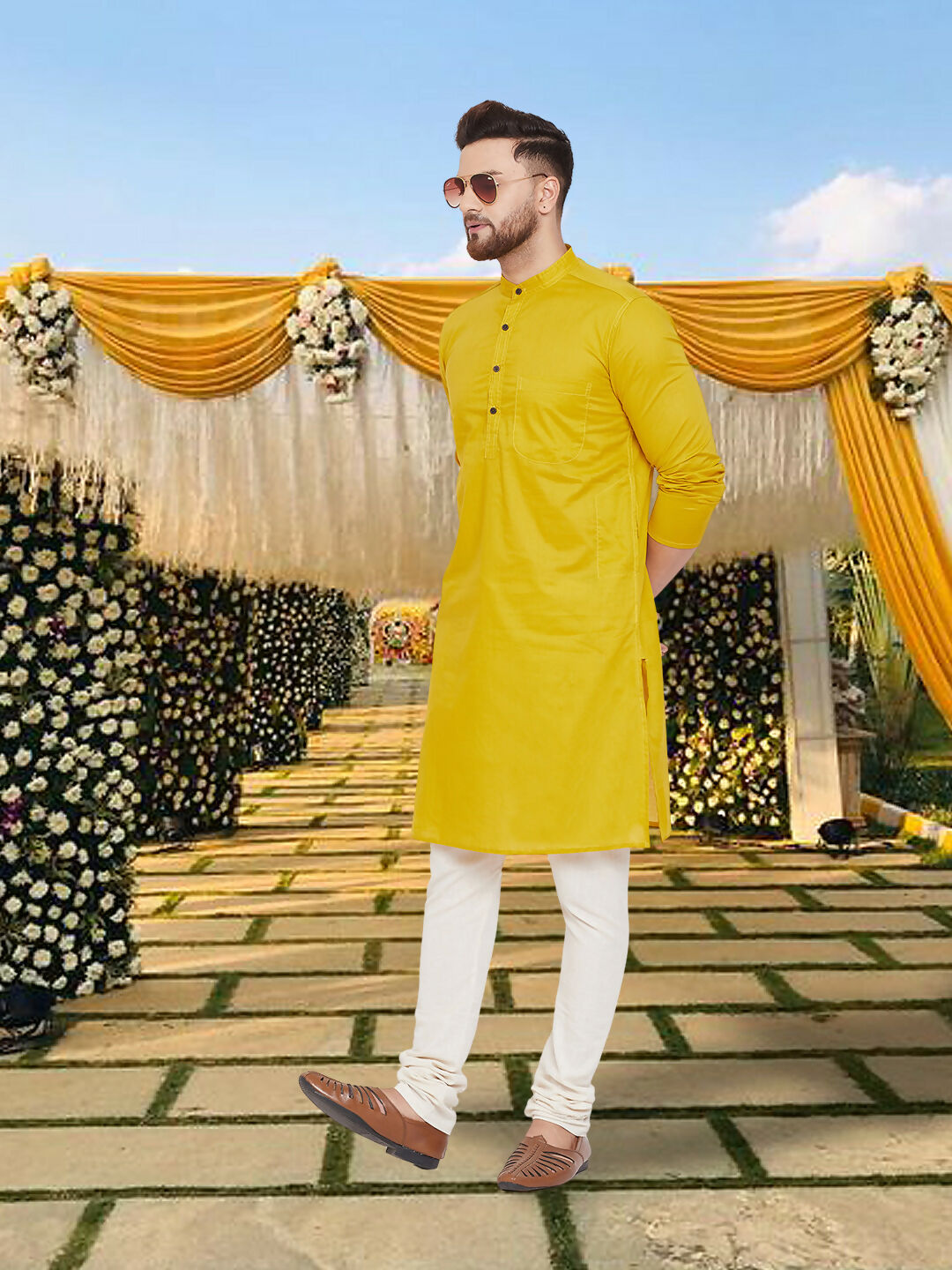 Even Apparels Men's Pure Cotton Yellow Kurta