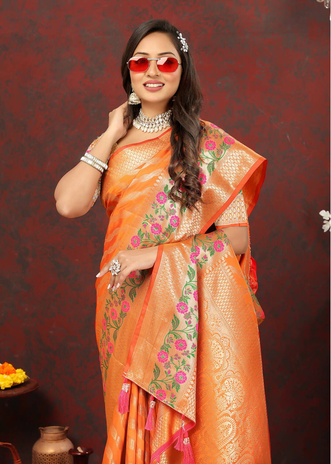 Lorenvalley Fashion Orange Soft Silk Woven Design with Zari Weaving Leheriya Design Saree