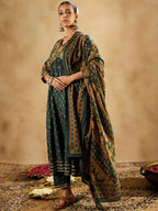 Indo Era Floral Printed Empire Pure Cotton A-Line Kurta With Trousers & Dupatta - Distacart