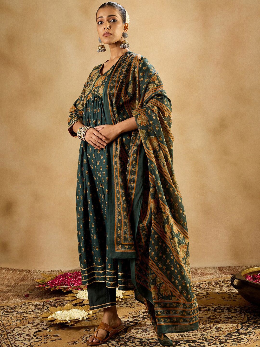 Indo Era Floral Printed Empire Pure Cotton A-Line Kurta With Trousers & Dupatta - Distacart