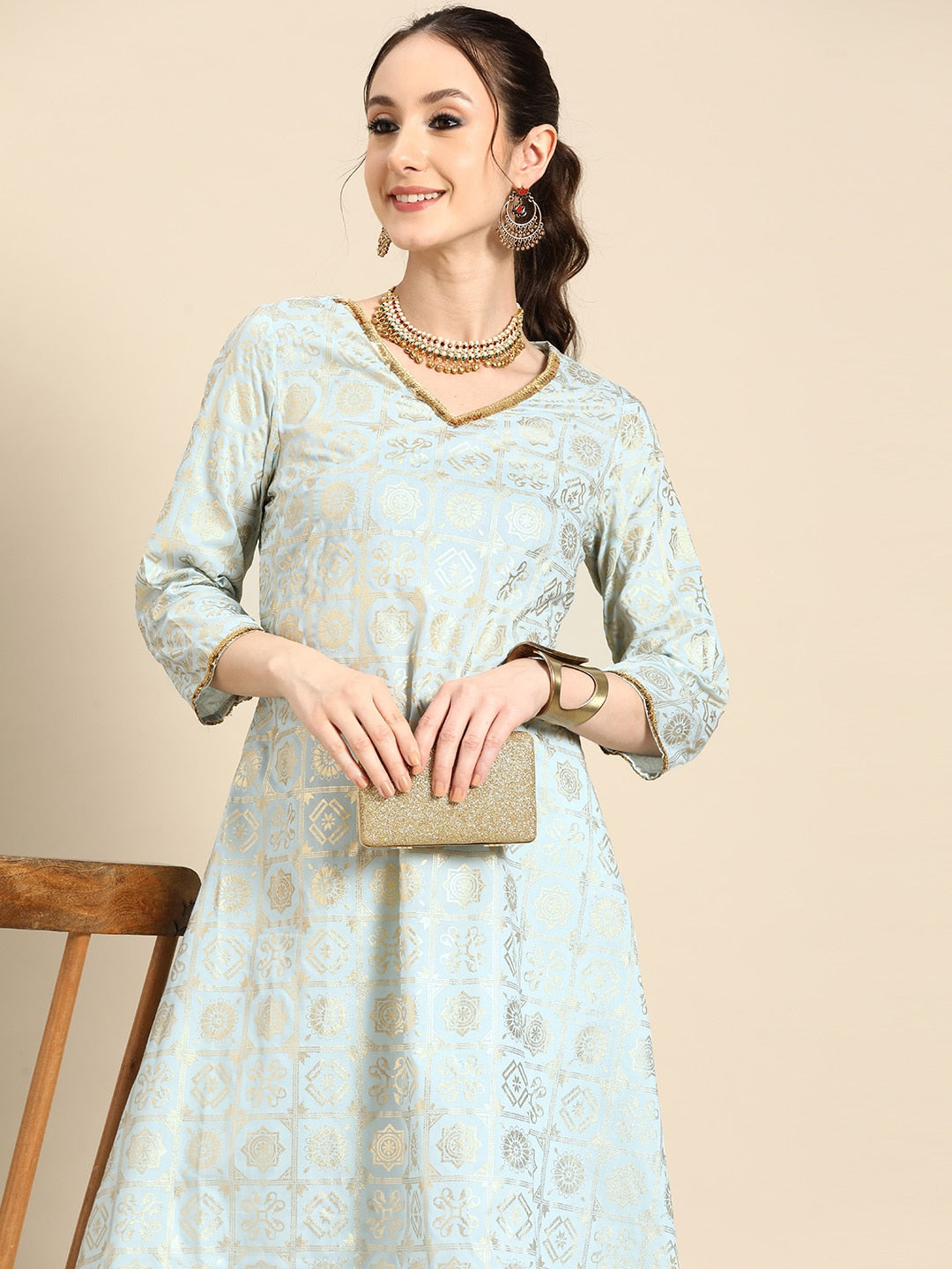 Sangria Gold-Toned Foil Printed Sequinned Detail A-Line Kurta with Palazzos