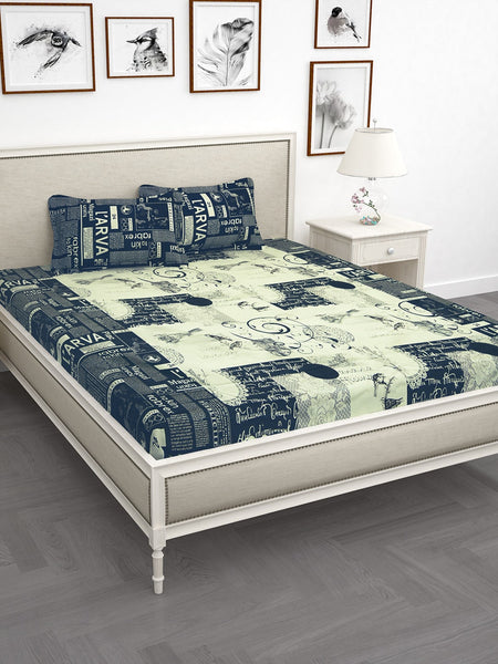 Story@home Blue & Off White Conversational King Bedsheet with 2 Pillow Covers