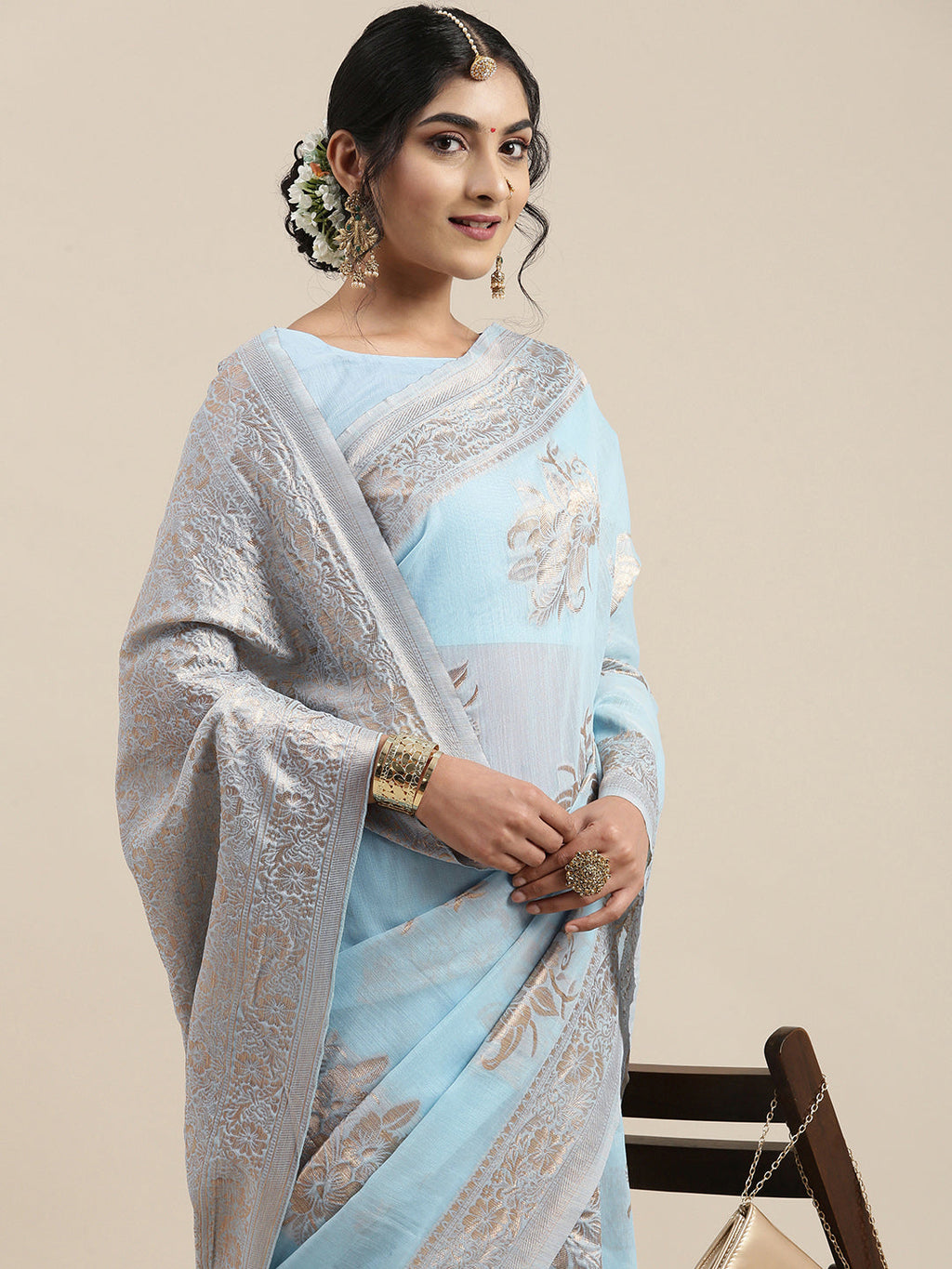 Saree Mall Turquoise Blue Floral Linen Blend Banarasi Saree - Distacart