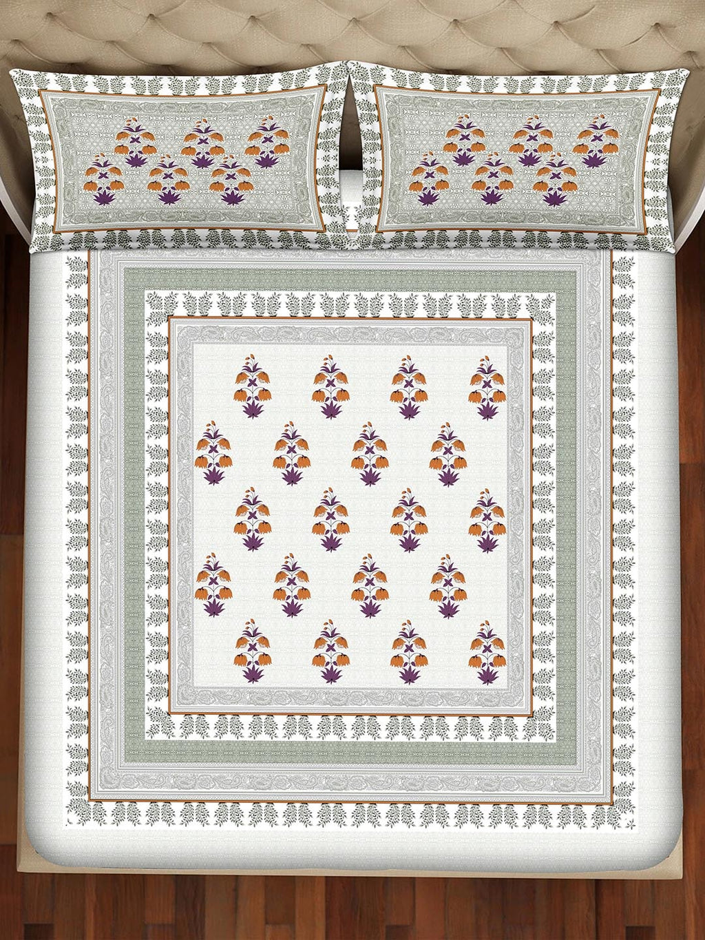 BELLA CASA Grey & Off White Ethnic Motifs 350 TC Cotton King Bedsheet with 2 Pillow Covers