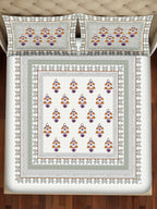 BELLA CASA Grey & Off White Ethnic Motifs 350 TC Cotton King Bedsheet with 2 Pillow Covers