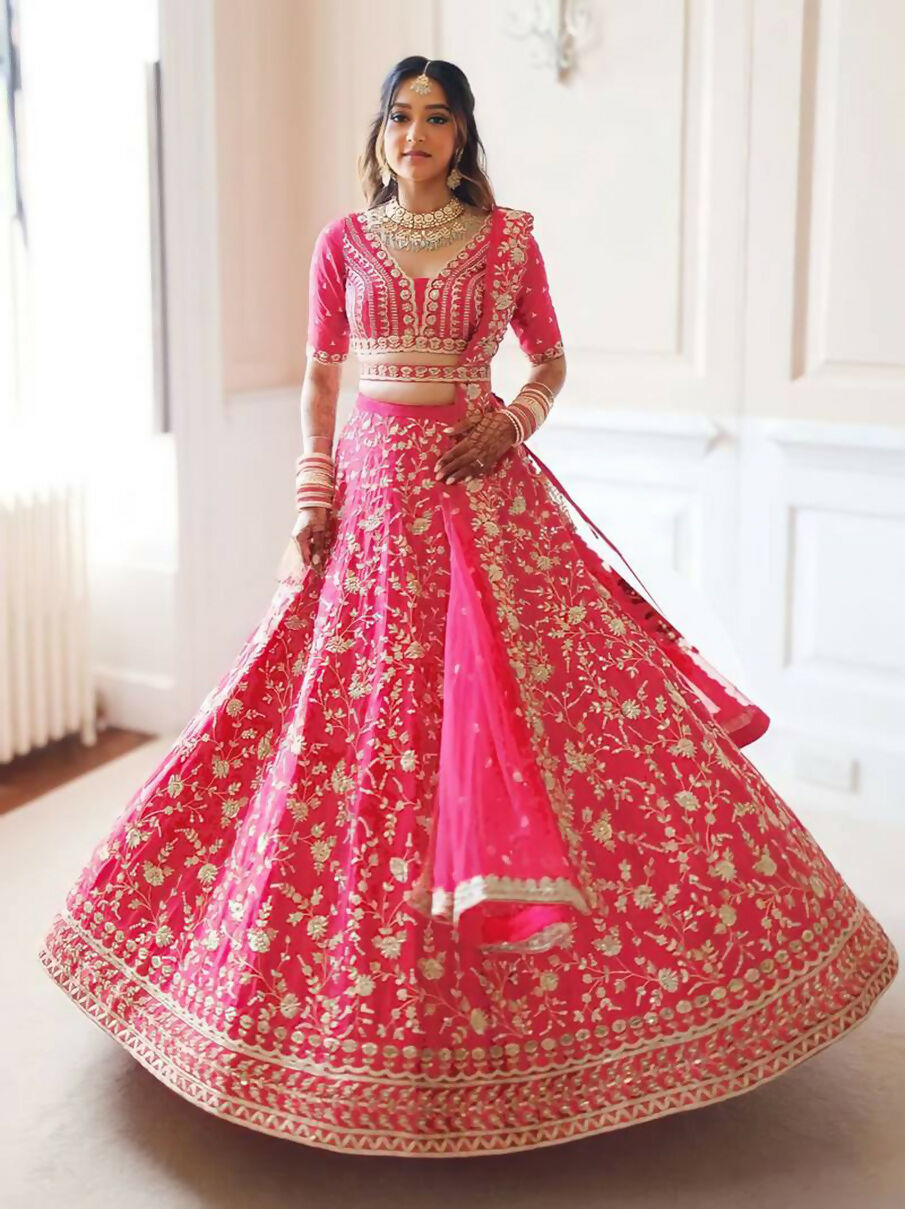 Jyoti Fashion Gajri Red Zari and Sequins Embroidered Malai Satin Silk Lehenga Choli with Dupatta