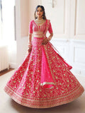 Jyoti Fashion Gajri Red Zari and Sequins Embroidered Malai Satin Silk Lehenga Choli with Dupatta
