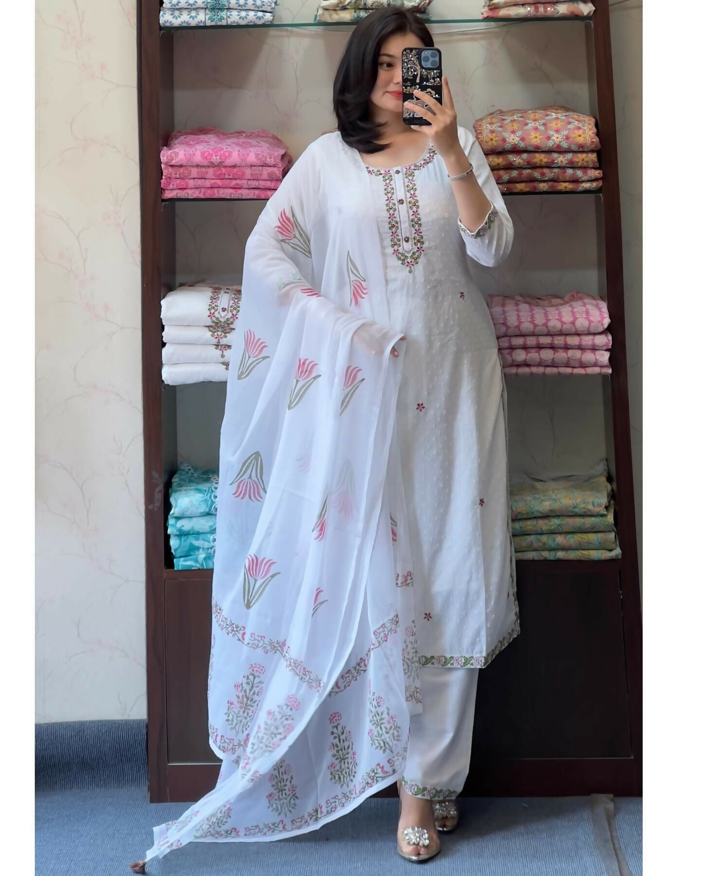 The52 White Women's Gorgeous Georgette Butti Fabric Embroidered Work Straight Kurta Pant and Dupatta Set - Distacart
