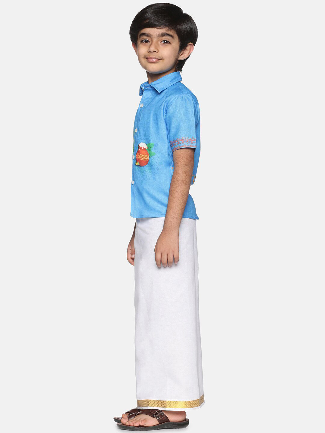 Sethukrishna Boys Traditional Boys Blue & White Printed Shirt with Dhoti
