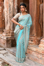 Joban Fashion Teal Green Crepe Chiffon Pure Handloom Banarasi Silk Saree