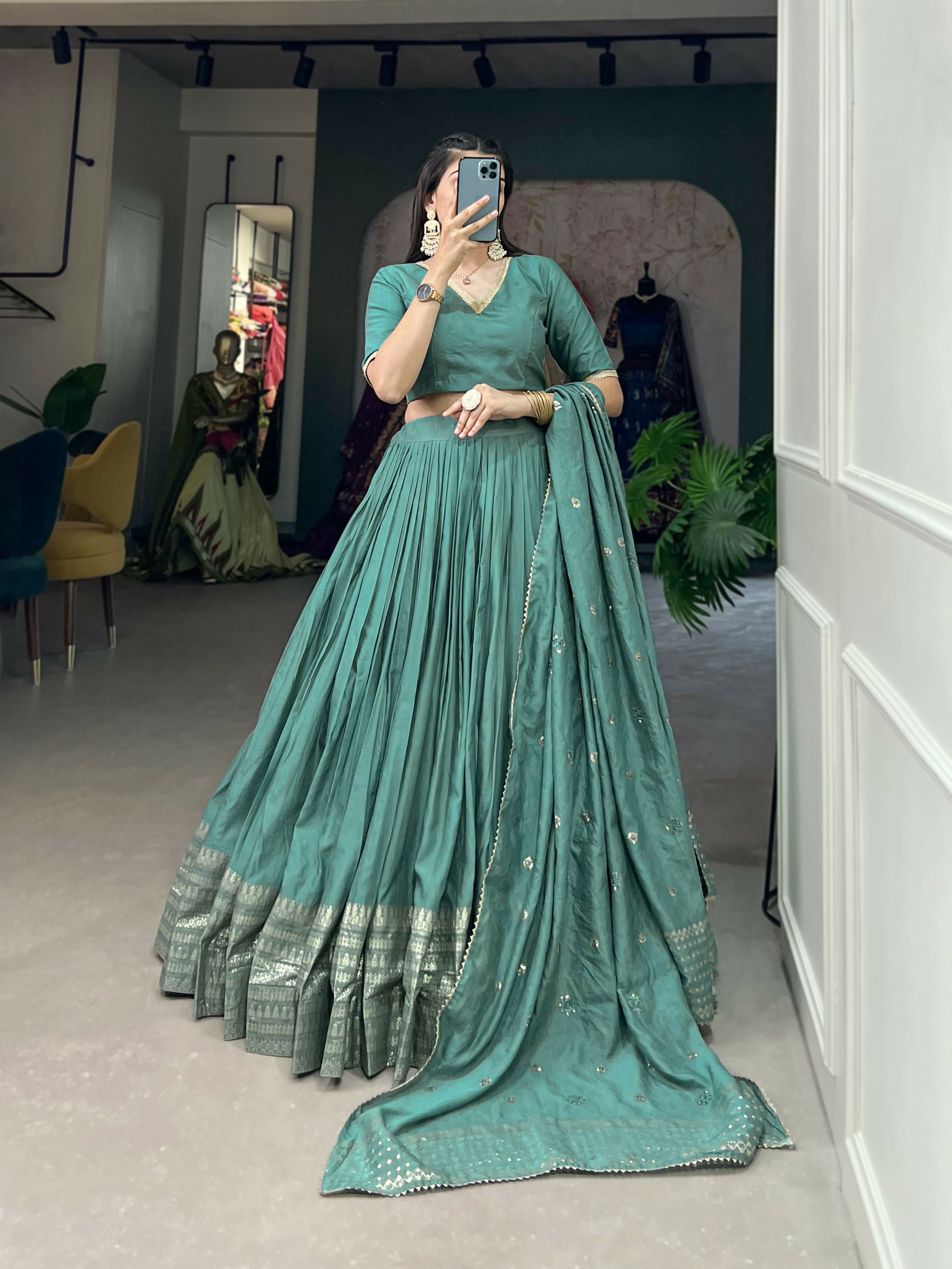 Lorenvalley Seagreen Pure Chanderi Plain With Zari Weaving Work Border Lehenga Choli