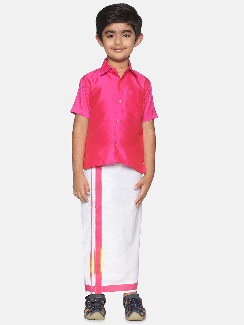 Sethukrishna Boys Pink & White Shirt with Veshti Set