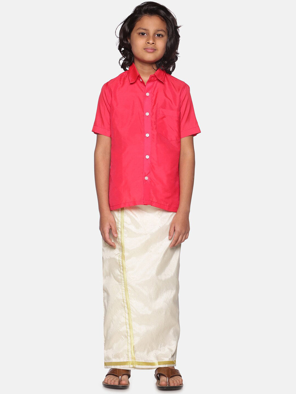 Sethukrishna Boys Rose & White Shirt & Dhoti