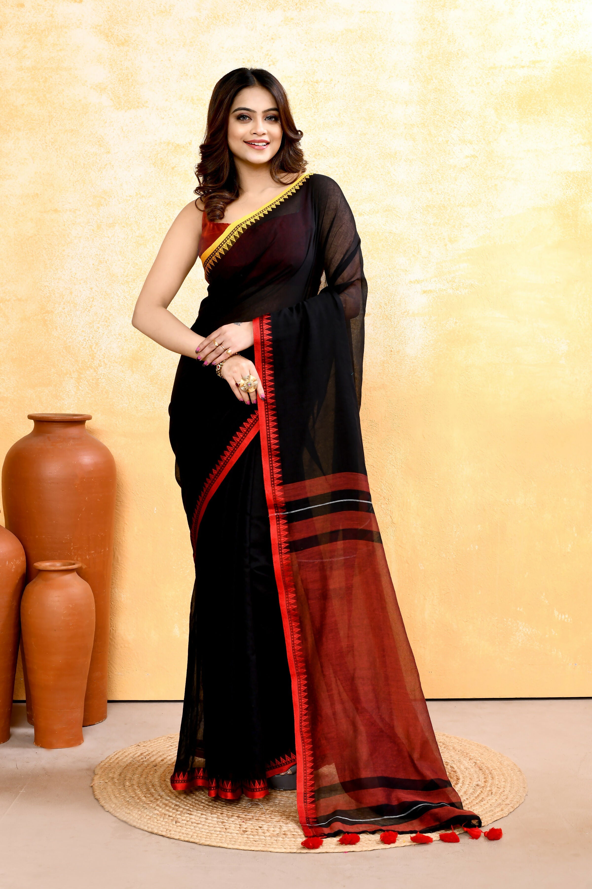 Piyari Fashion Women's Black Embellished Handloom Cotton Saree - Distacart