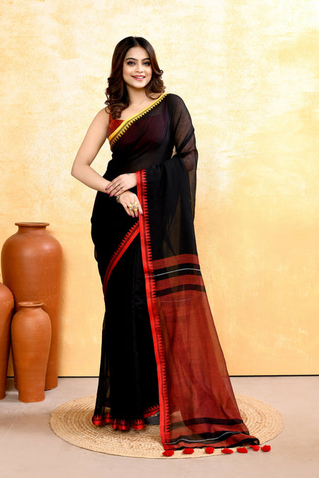 Piyari Fashion Women's Black Embellished Handloom Cotton Saree